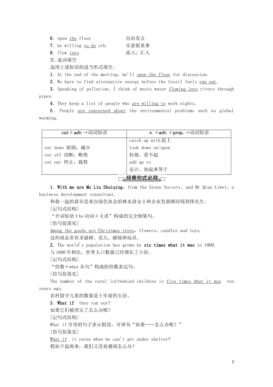 高中英语 Unit 2 The environment Section Ⅱ Language points （Ⅰ） （Welcome to the unit  Reading）学案 牛津译林版必修5-牛津版高二必修5英语学案_第2页