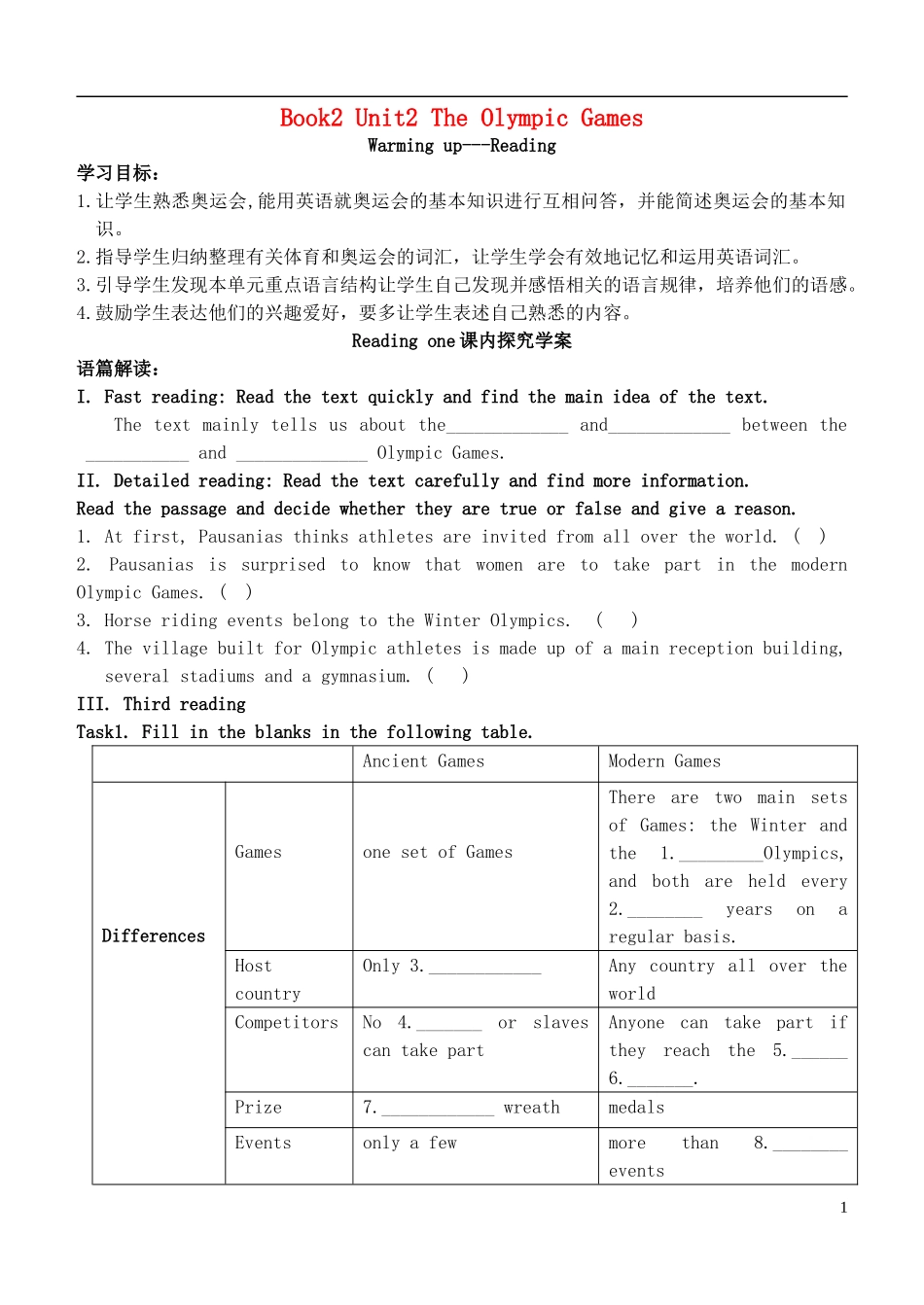 高中英语 Unit 2 The Olympic Games Warming up-Reading课前预习学案 新人教版必修2-新人教版高一必修2英语学案_第1页