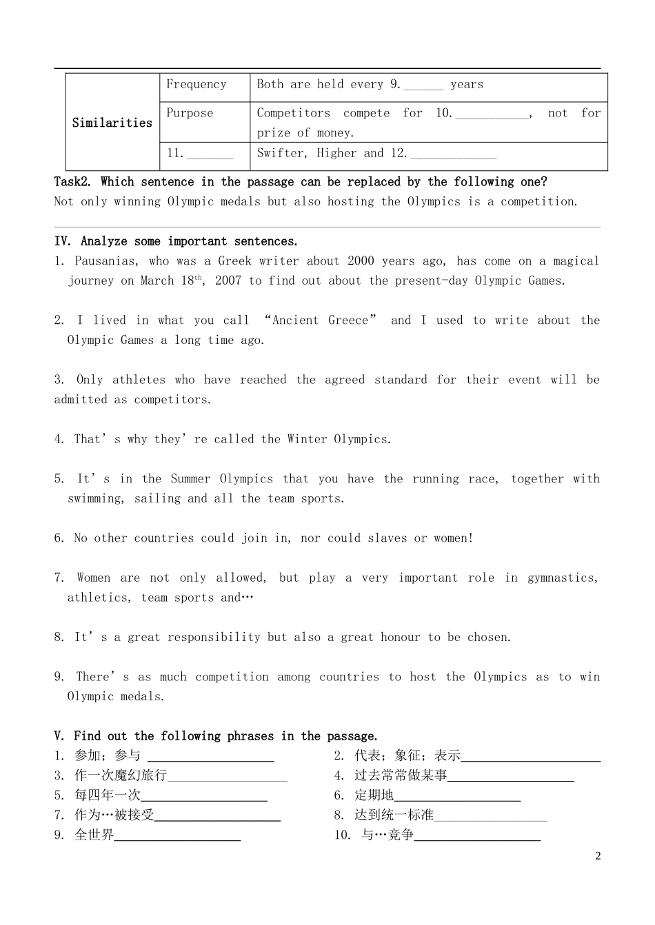 高中英语 Unit 2 The Olympic Games Warming up-Reading课前预习学案 新人教版必修2-新人教版高一必修2英语学案_第2页