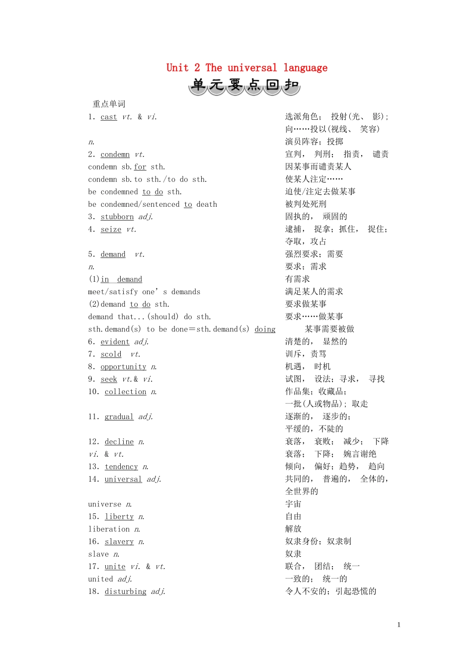 高中英语 Unit 2 The universal language 单元要点回扣学案 牛津译林版选修8-牛津版高二选修8英语学案_第1页