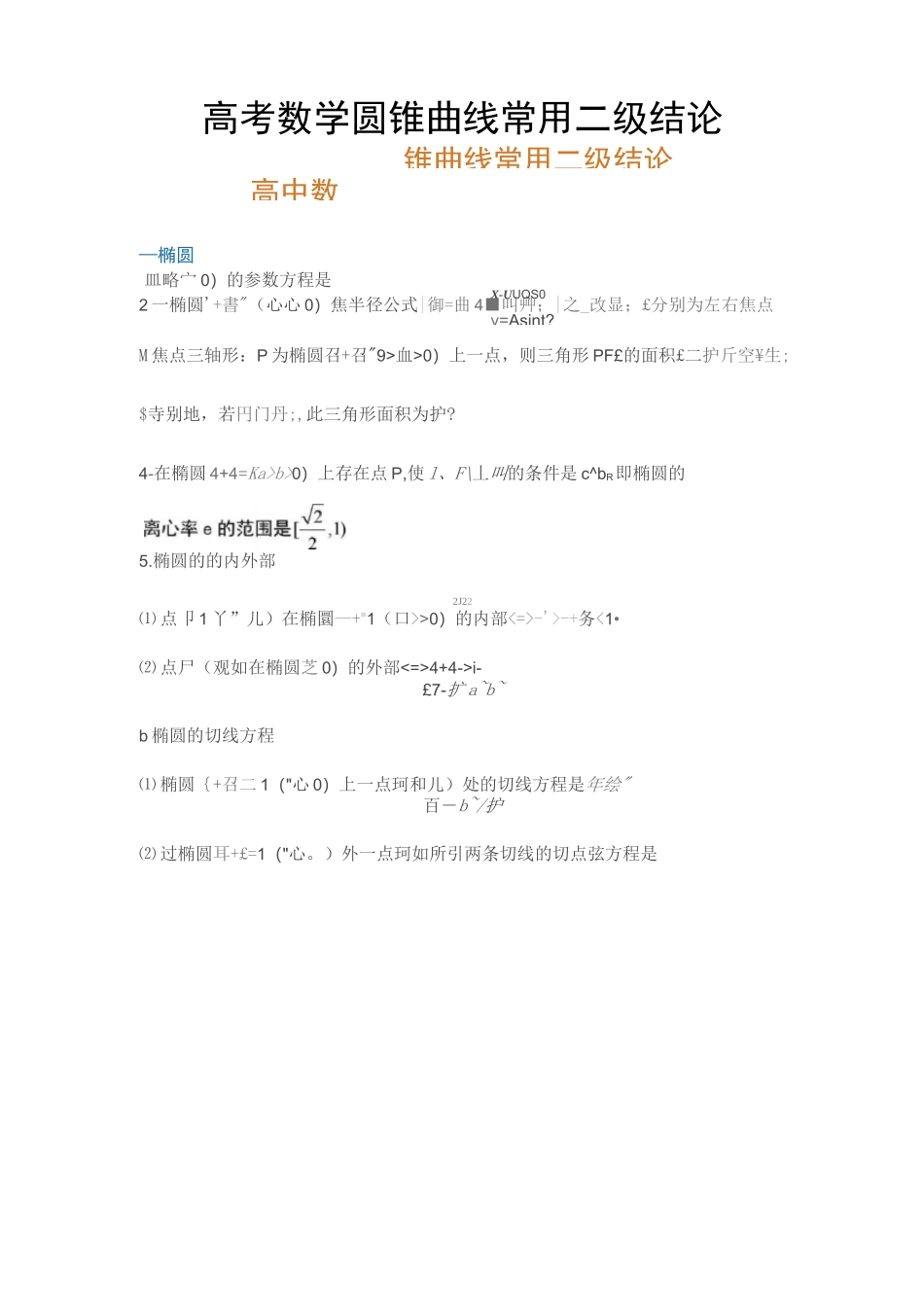 高考数学圆锥曲线常用二级结论_第1页