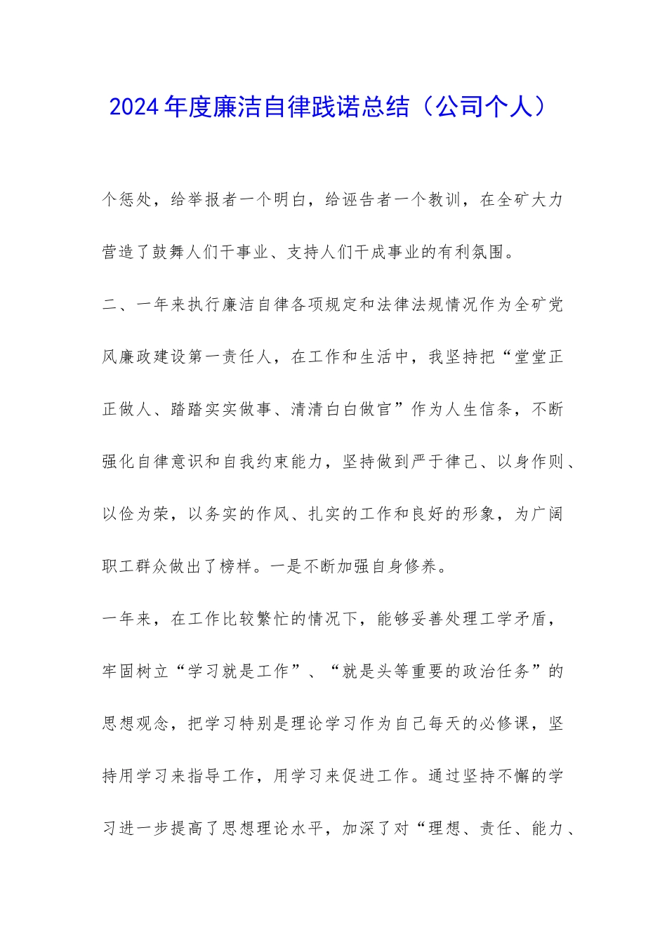 2024年度廉洁自律践诺总结-_第1页