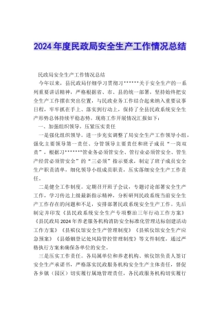 2024年度民政局安全生产工作情况总结