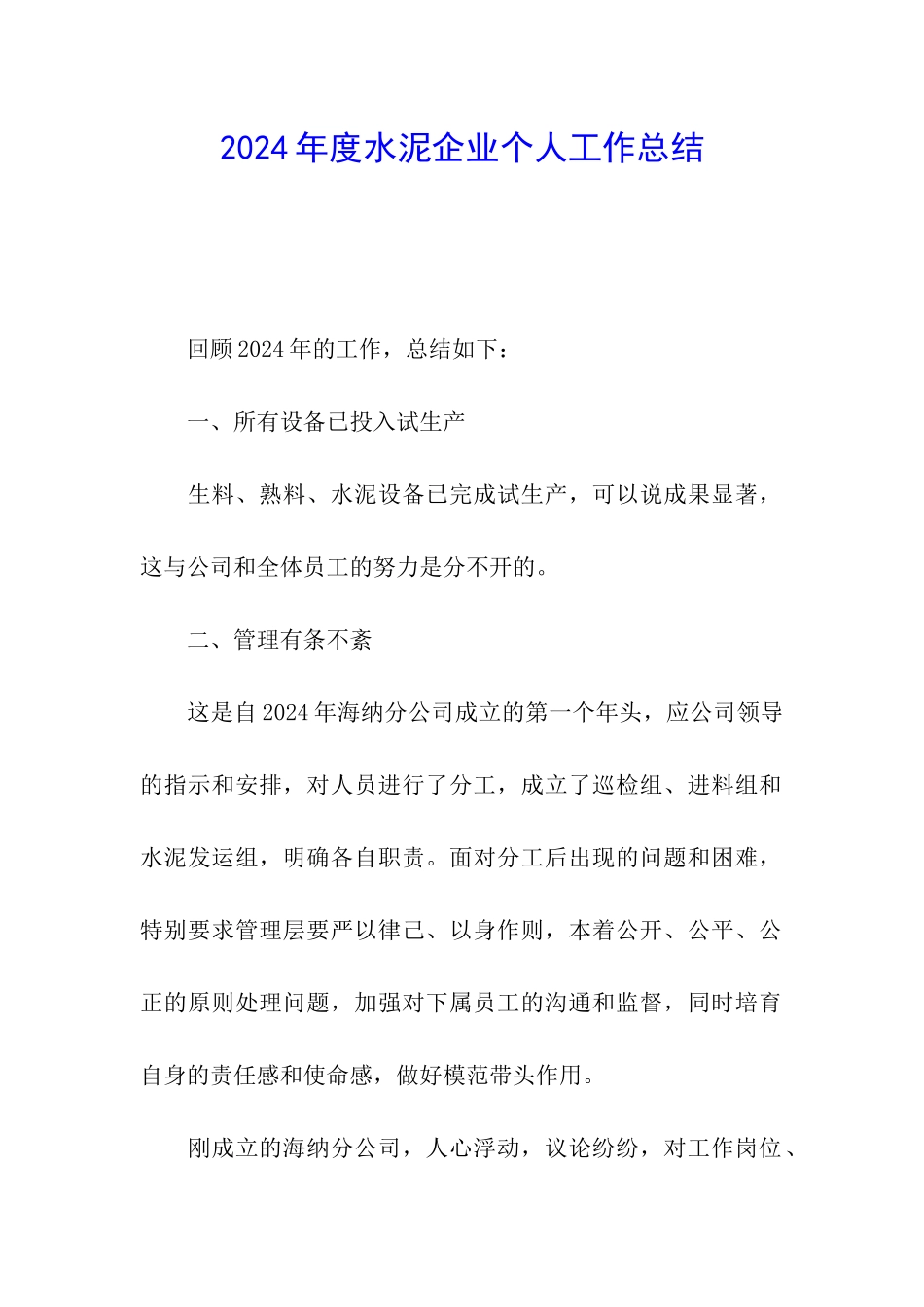 2024年度水泥企业个人工作总结_第1页