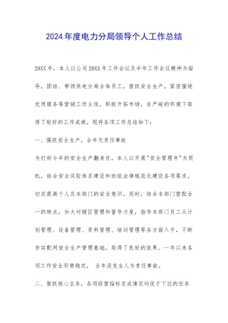 2024年度电力分局领导个人工作总结-