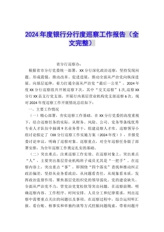 2024年度银行分行度巡察工作报告