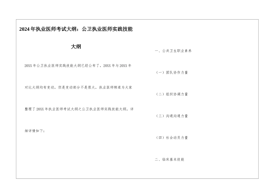 2024年执业医师考试大纲：公卫执业医师实践技能大纲_第1页