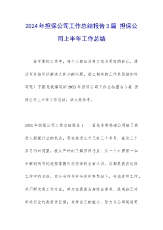 2024年担保公司工作总结报告3篇-担保公司上半年工作总结