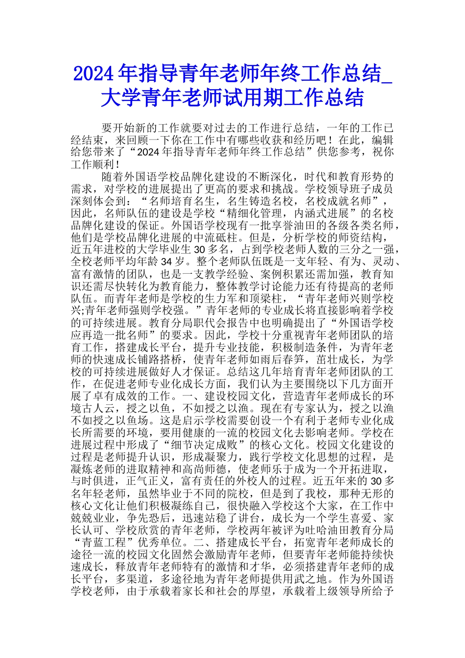 2024年指导青年教师年终工作总结-大学青年教师试用期工作总结_第1页