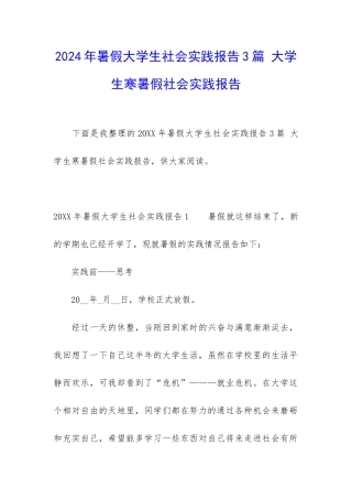 2024年暑假大学生社会实践报告3篇-大学生寒暑假社会实践报告