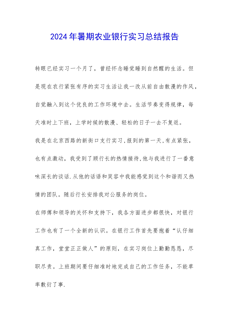 2024年暑期农业银行实习总结报告-_第1页