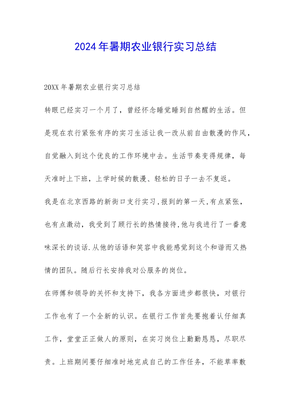 2024年暑期农业银行实习总结-_第1页