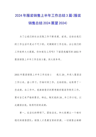 2024年服装销售上半年工作总结3篇