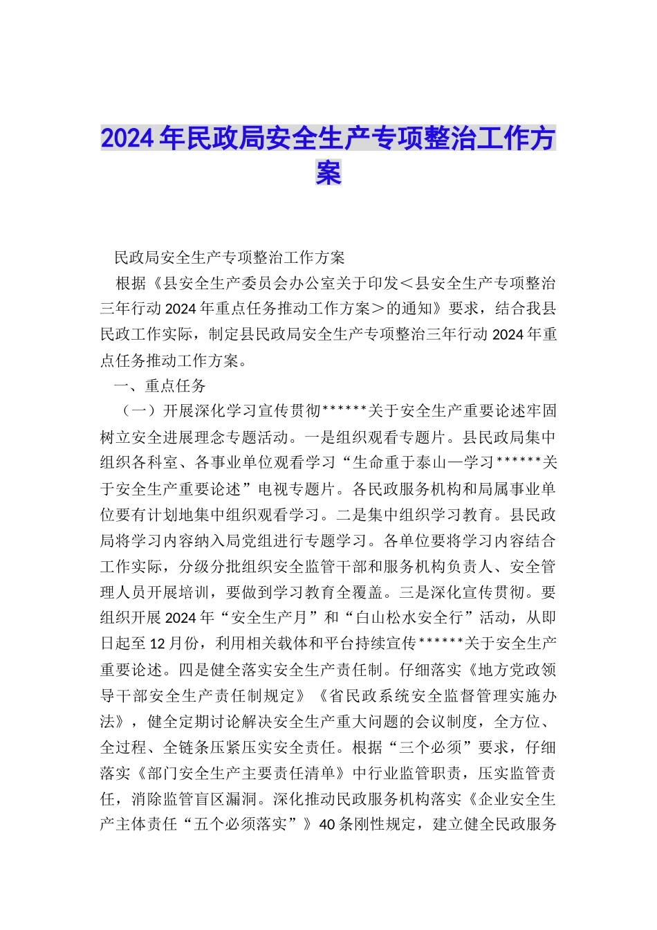 2024年民政局安全生产专项整治工作方案_第1页