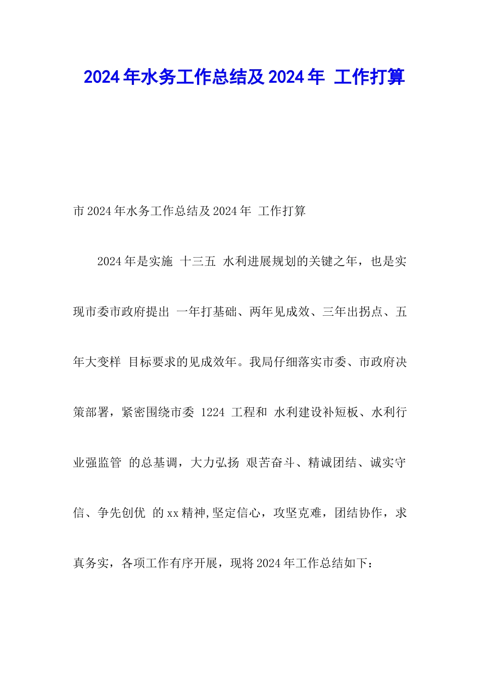 2024年水务工作总结及2024年-工作打算_第1页