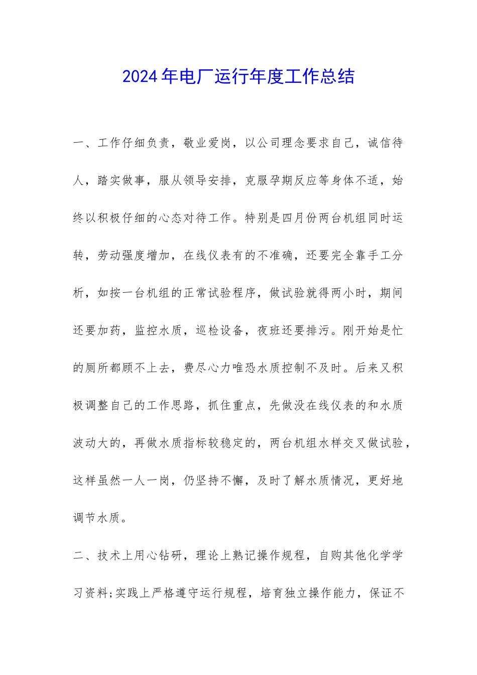 2024年电厂运行年度工作总结--_第1页