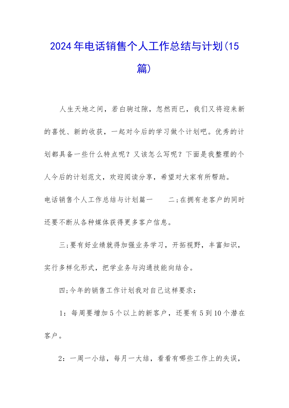 2024年电话销售个人工作总结与计划_第1页