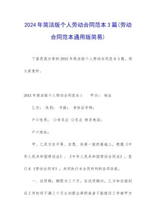 2024年简洁版个人劳动合同范本3篇