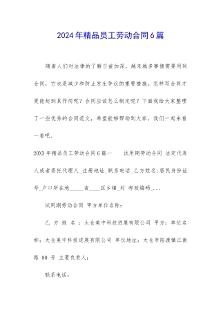 2024年精品员工劳动合同6篇