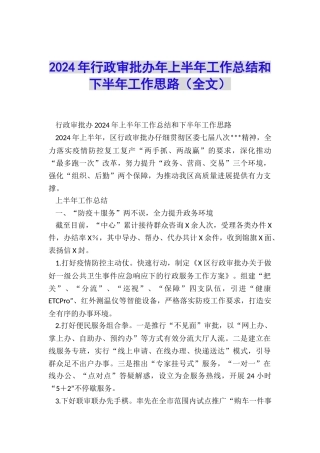 2024年行政审批办年上半年工作总结和下半年工作思路