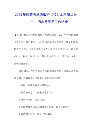 2024年西藏内地西藏班本科第二批-二、三、四志愿录取工作结束