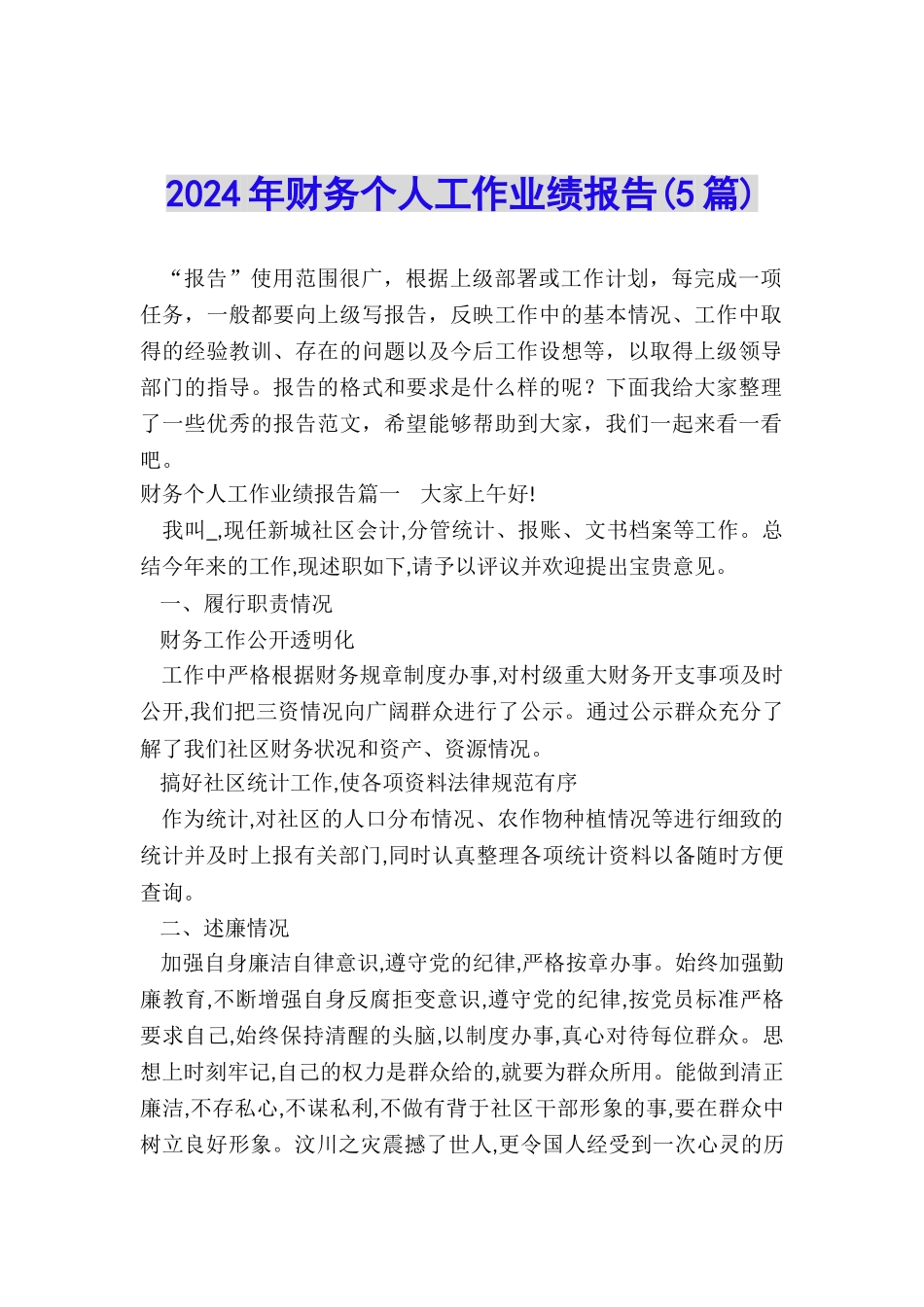 2024年财务个人工作业绩报告_第1页