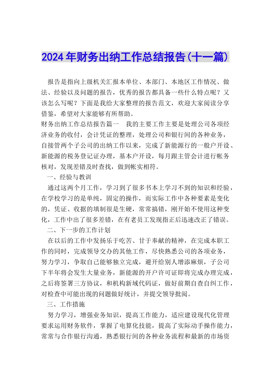 2024年财务出纳工作总结报告_第1页