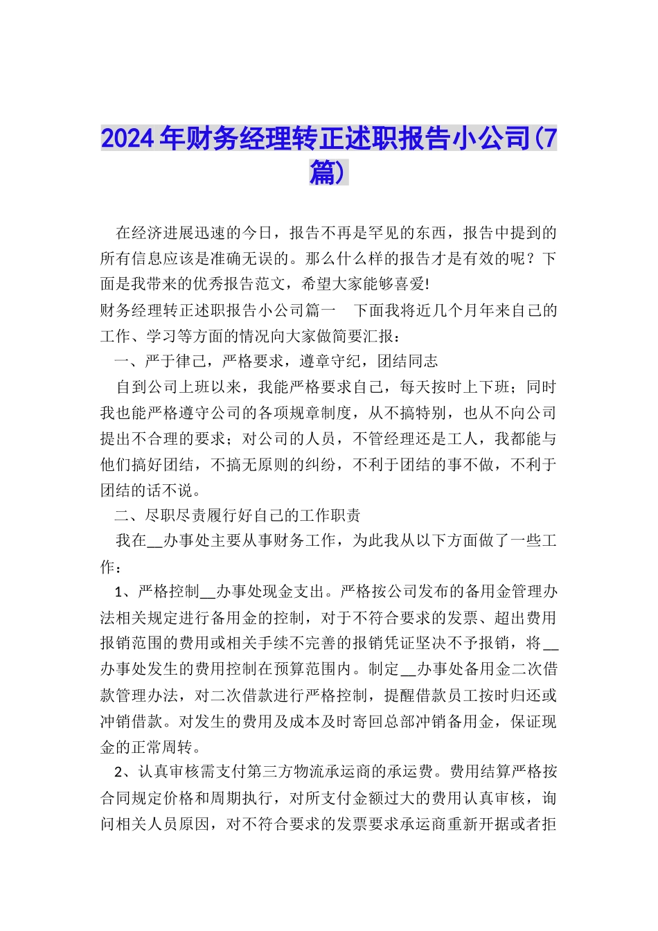 2024年财务经理转正述职报告小公司_第1页