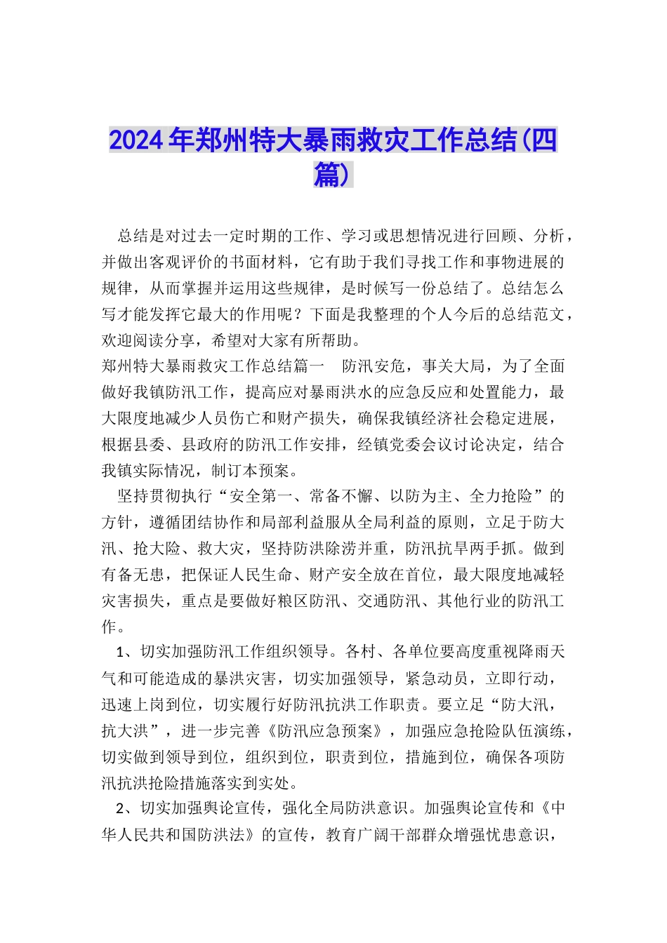 2024年郑州特大暴雨救灾工作总结_第1页