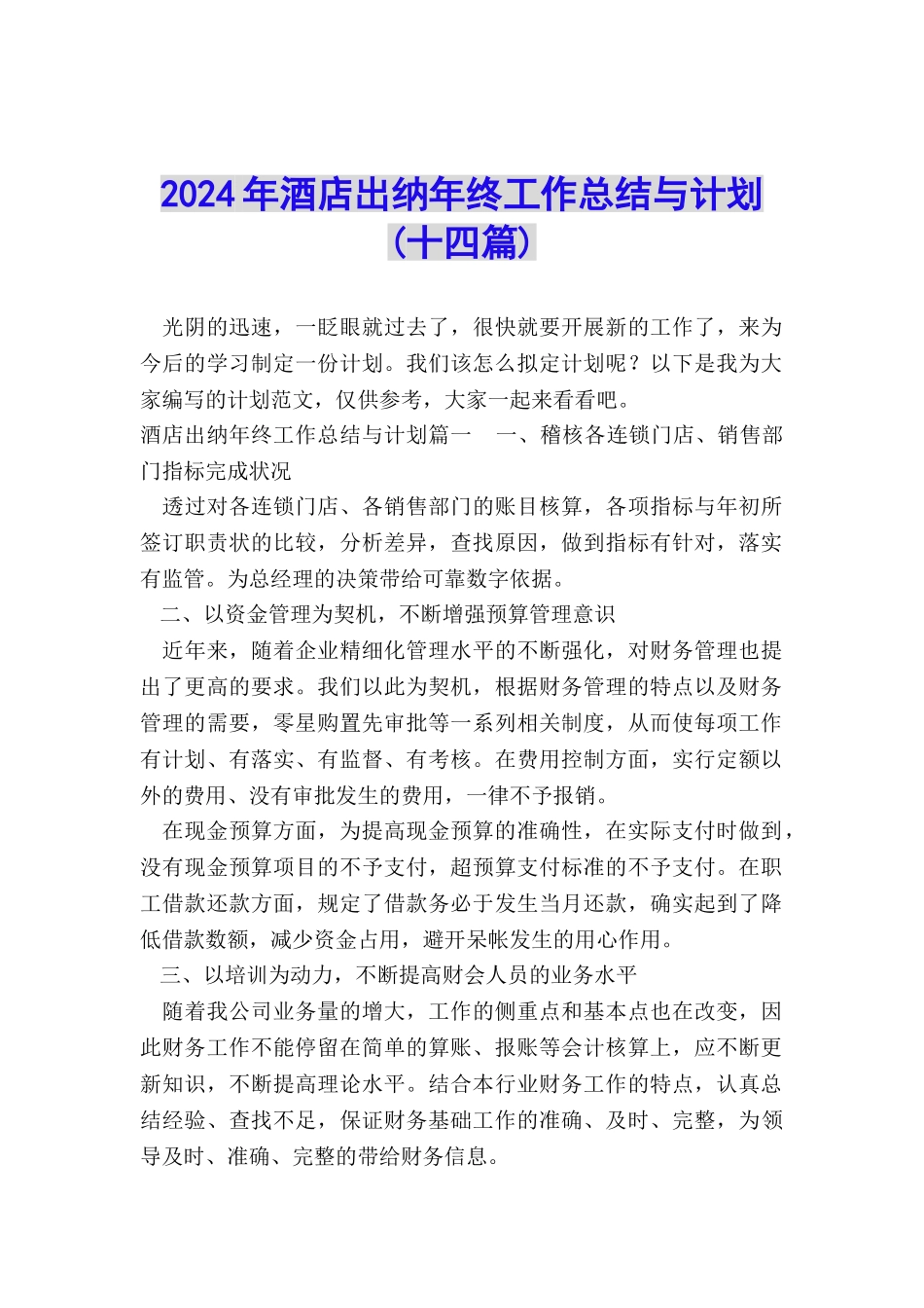 2024年酒店出纳年终工作总结与计划_第1页