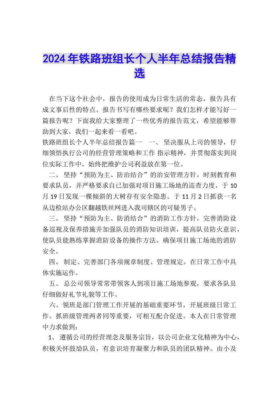 2024年铁路班组长个人半年总结报告精选_第1页