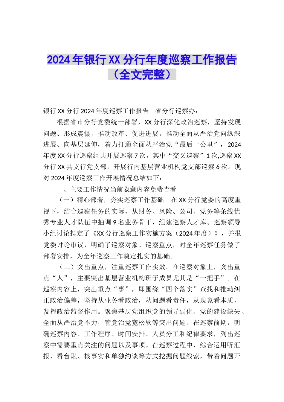2024年银行XX分行年度巡察工作报告_第1页