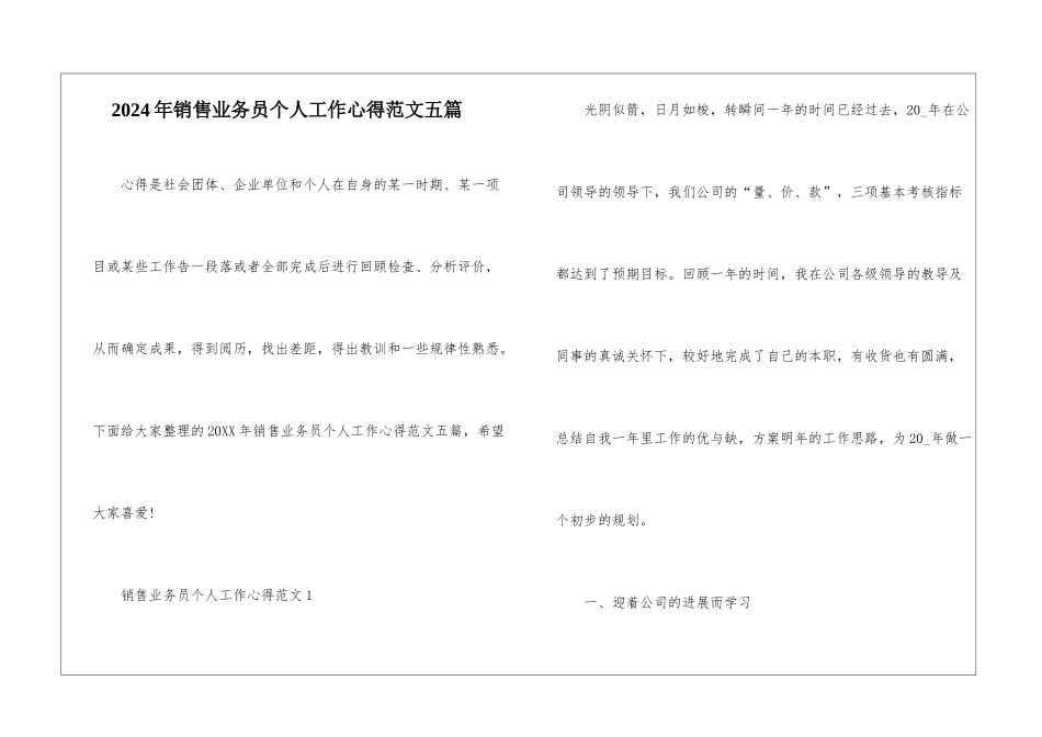 2024年销售业务员个人工作心得范文五篇_第1页