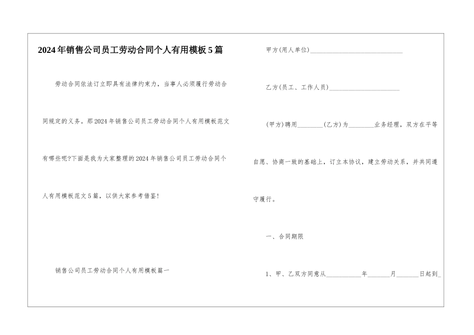 2024年销售公司员工劳动合同个人实用模板5篇_第1页