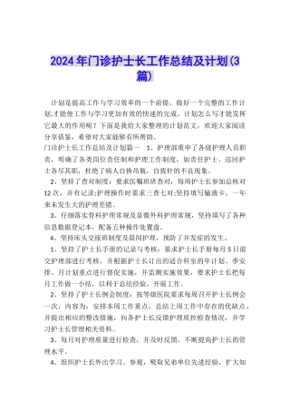 2024年门诊护士长工作总结及计划