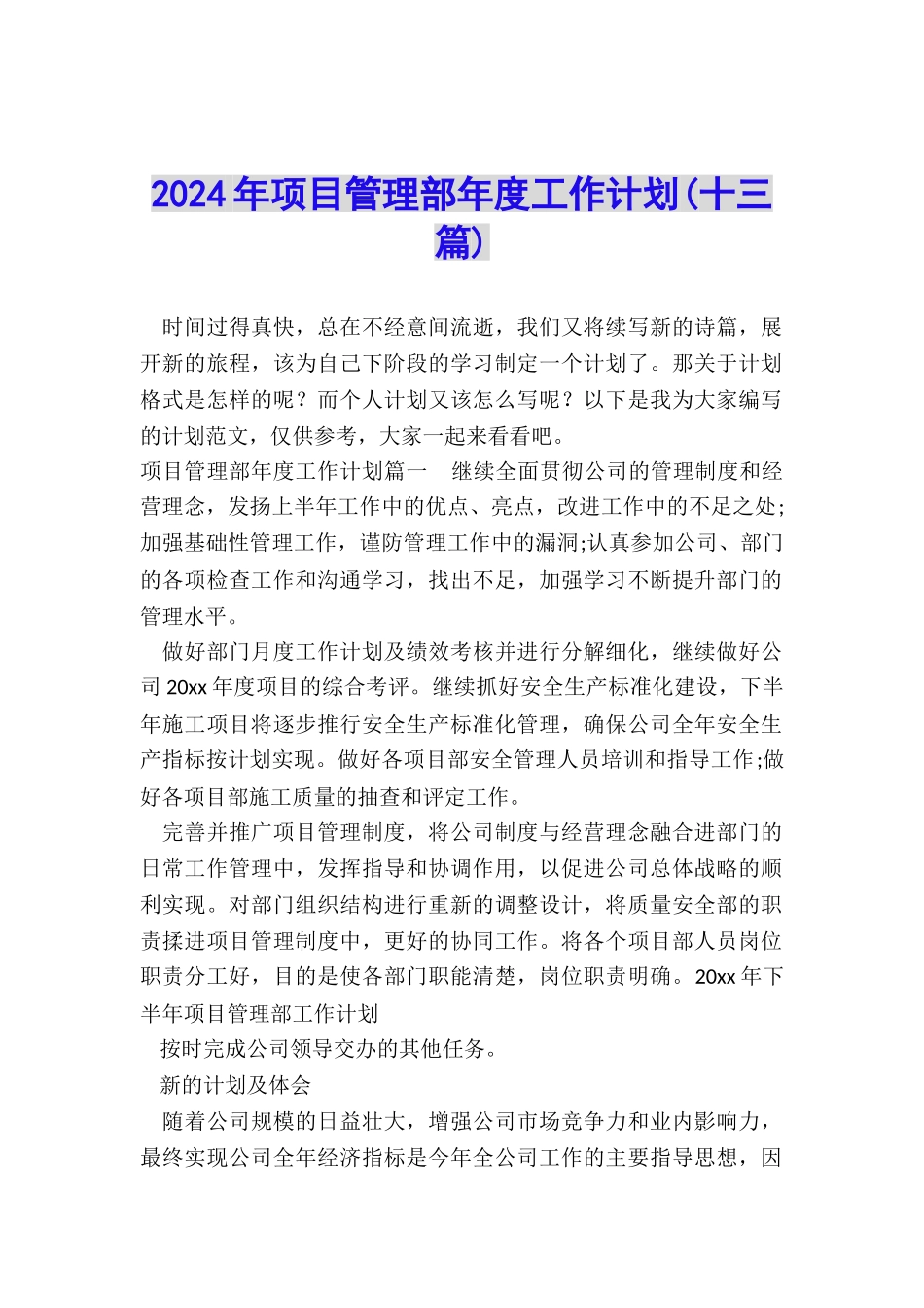 2024年项目管理部年度工作计划_第1页