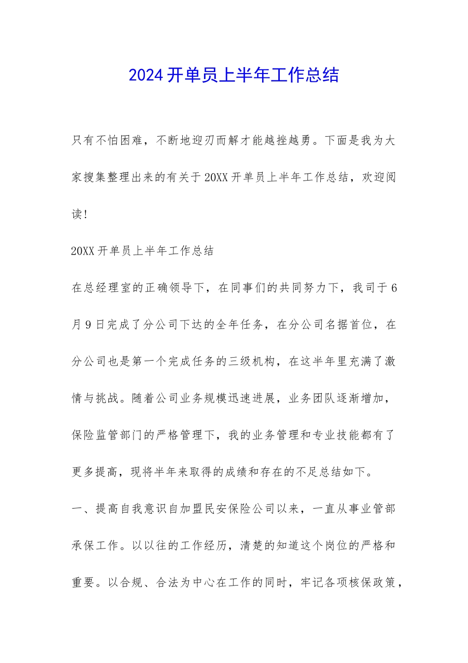 2024开单员上半年工作总结-_第1页