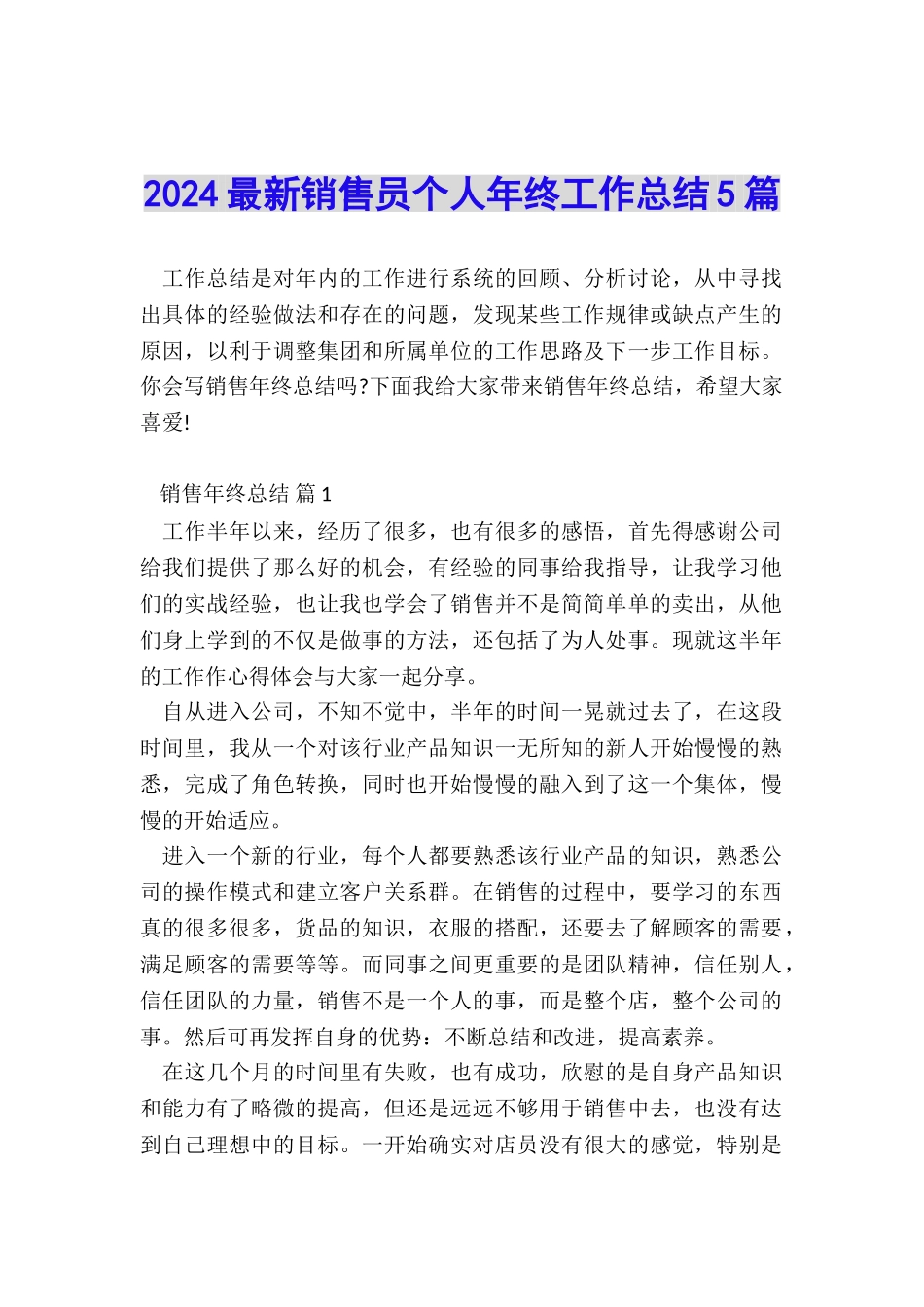 2024最新销售员个人年终工作总结5篇_第1页
