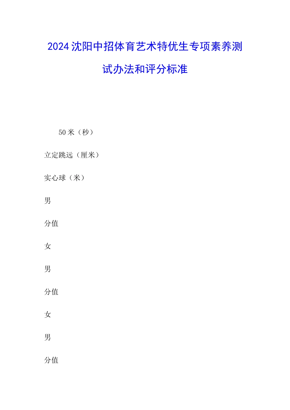 2024沈阳中招体育艺术特优生专项素质测试办法和评分标准_第1页