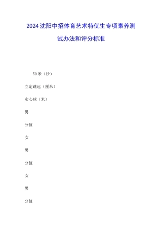 2024沈阳中招体育艺术特优生专项素质测试办法和评分标准
