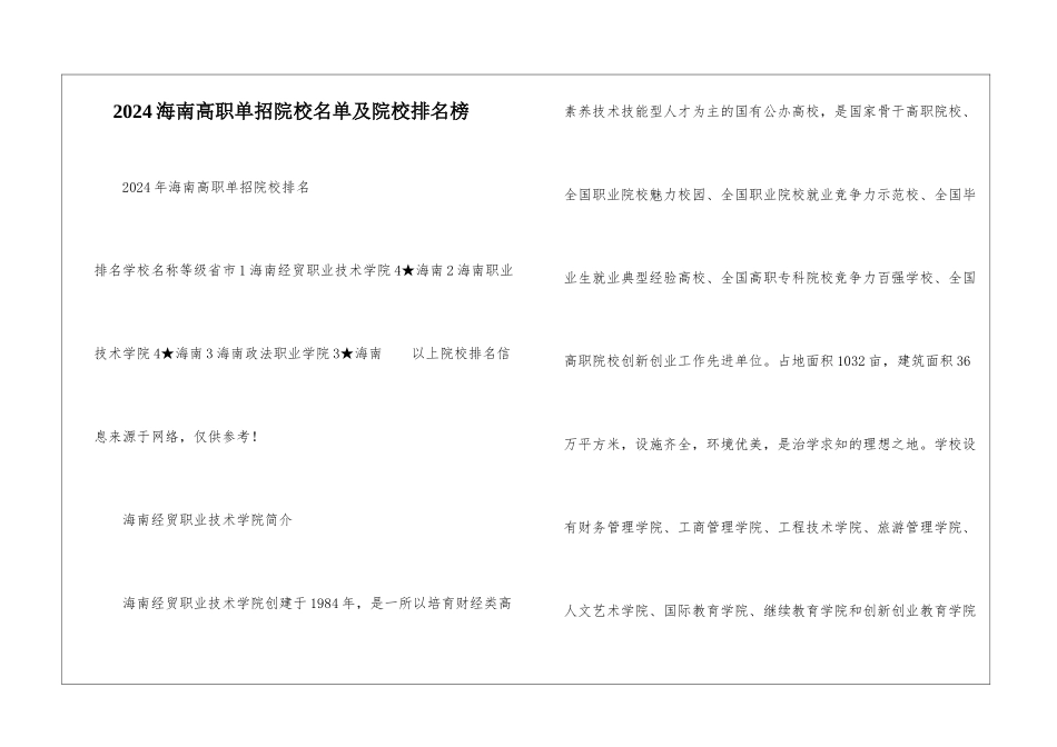 2024海南高职单招院校名单及院校排名榜_第1页