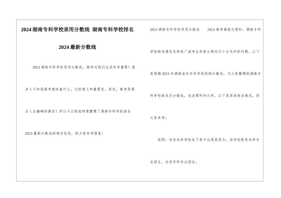 2024湖南专科学校录取分数线-湖南专科学校排名2024最新分数线_第1页
