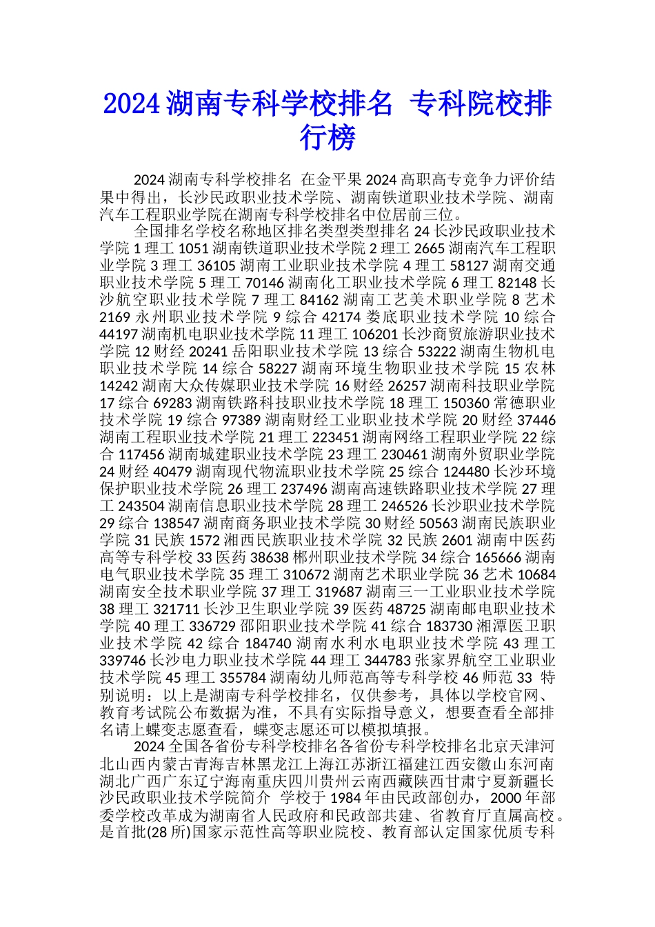 2024湖南专科学校排名-专科院校排行榜_第1页