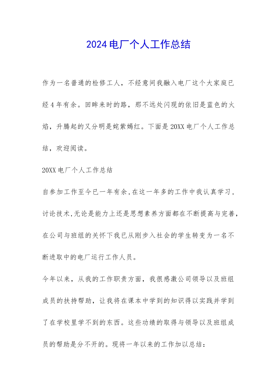 2024电厂个人工作总结-_第1页