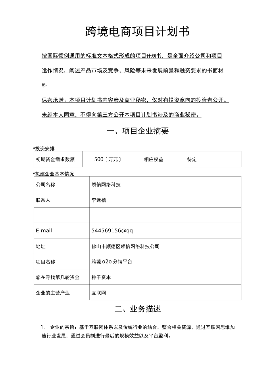 跨境电商项目计划书_第1页