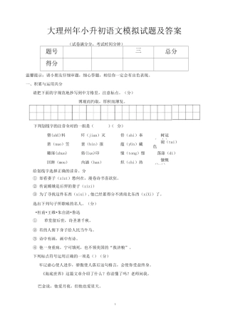 大理州2020年小升初语文模拟试题及答案