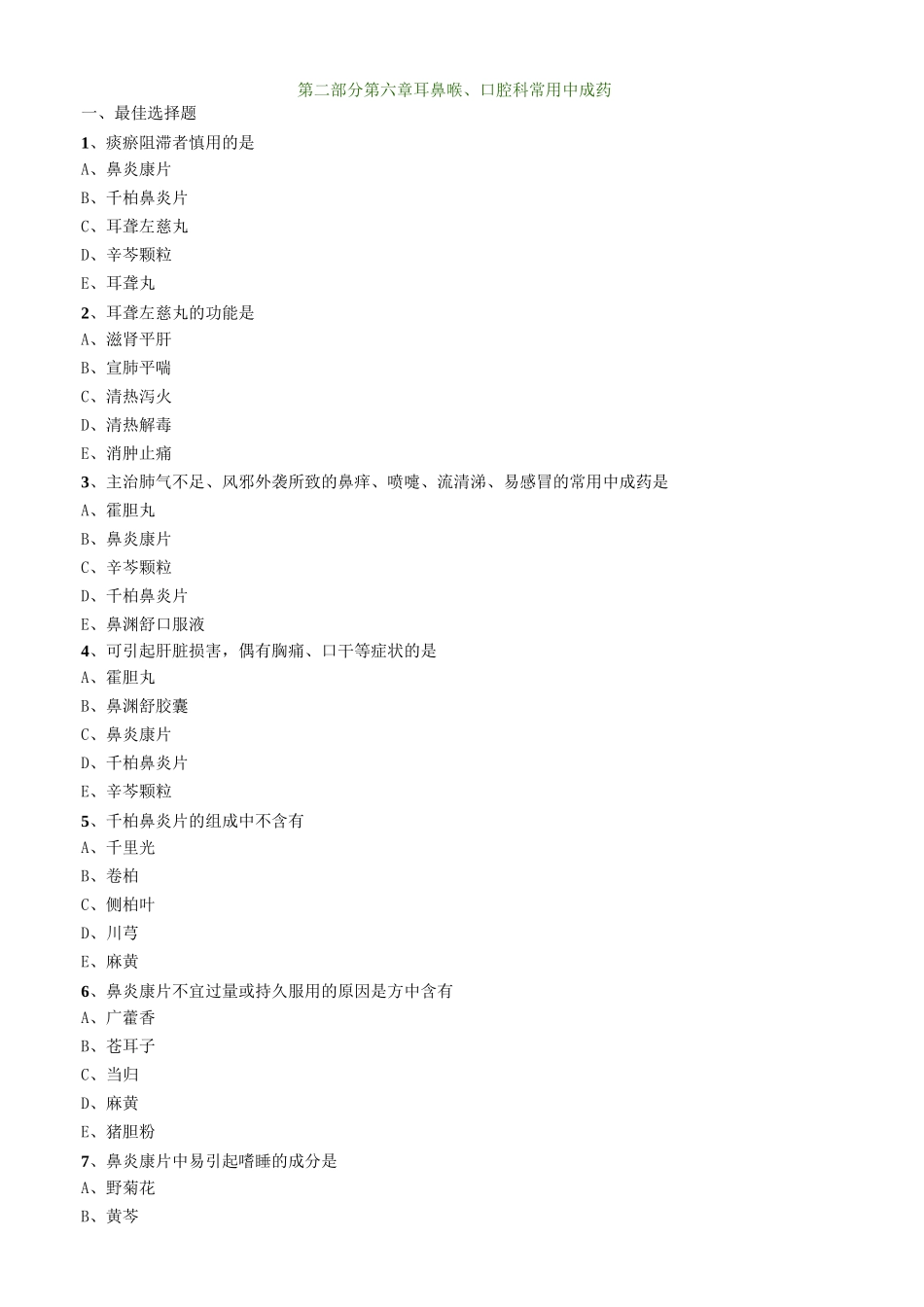 中药综合_第二部分 第六章 耳鼻喉、口腔科常用中成药(1)_第1页