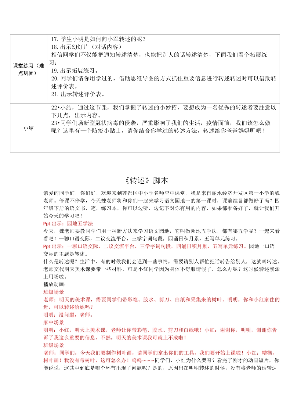 部编版四年级语文下册四下语文《口语交际：转述》优秀教学设计精选合集-微课教案合集_第2页