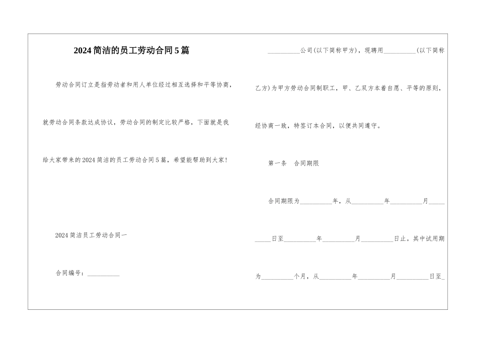 2024简洁的员工劳动合同5篇_第1页