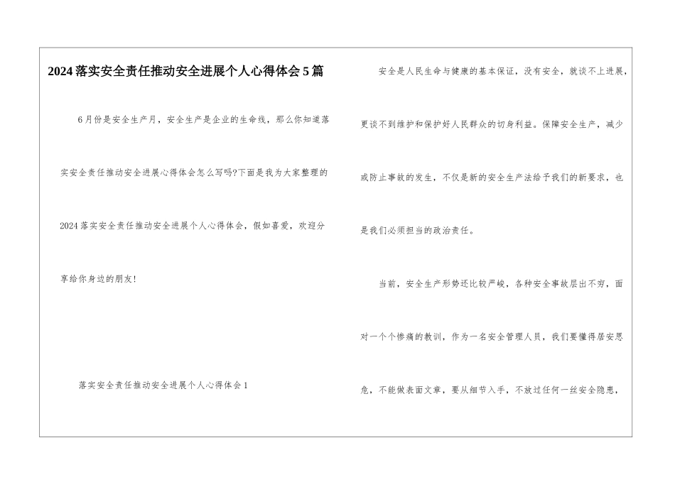 2024落实安全责任推动安全发展个人心得体会5篇_第1页